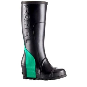 SOREL Joan Tall Wedges Boots Waterproof Rain Rubber Size 7.5 38.5 Black & Green